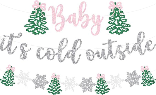 Pink Bow Baby It's Cold Outside Banner Christmas Baby Shower Decoration Winter Holiday Snowflake Welcome Newborn Party Supplies