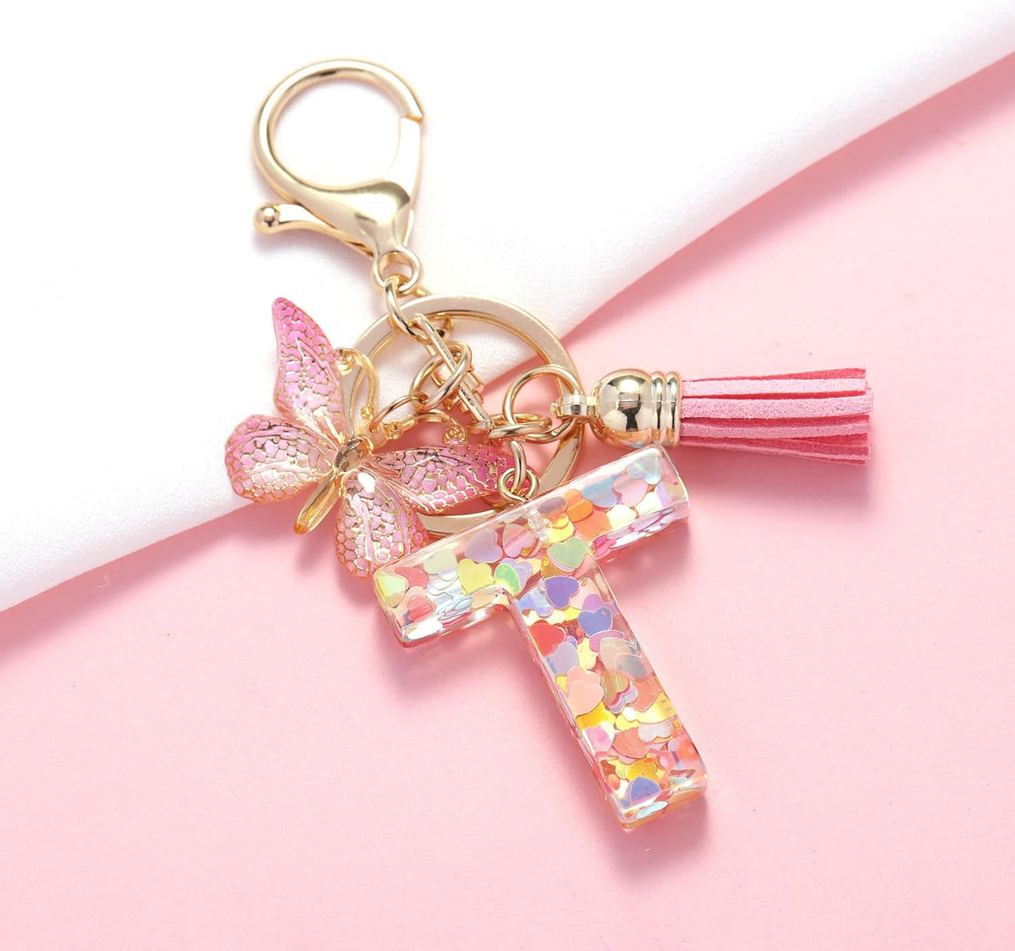 Fashion Alphabet Initial Letter Keychain Tassel Butterfly Pendant Key Ring for Purse Handbags Women Girl