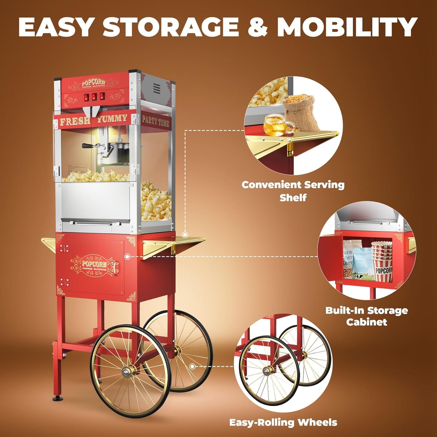 22oz Commercial Popcorn Machine with Cart, Large Popcorn Machine Makes Up to 80 Cups, Movie Theater Pop Corn Machine with Easy-Rolling wheels & Stainless-Steel Kettle, Red