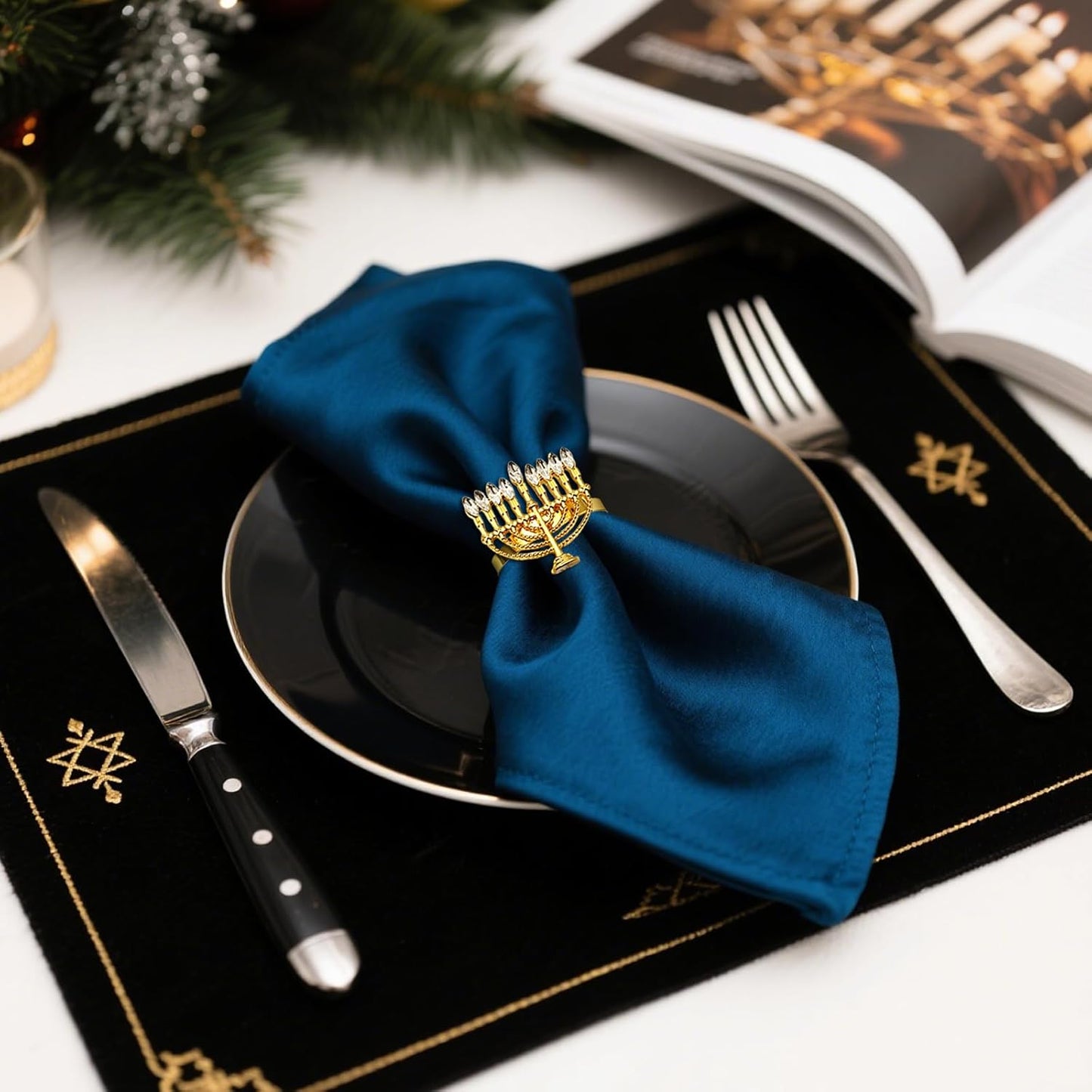Hanukkah Menorah Napkin Rings Set of 12 for Chanukah Christmas Eve Thanksgiving New Year Family Dining,Candlestick Napkin Rings Holder for Jewish Themed Wedding Brithday Holiday Table Decor