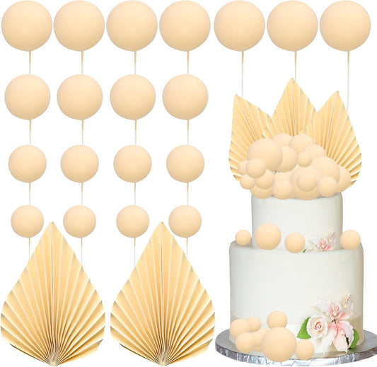 Ephlyn 28Pcs Paper Palm Fan Cake Topper Balls Cake Pick for Baby Shower Wedding Bridal Shower Birthday Party DIY Party Cake Decorations Supplies Beige