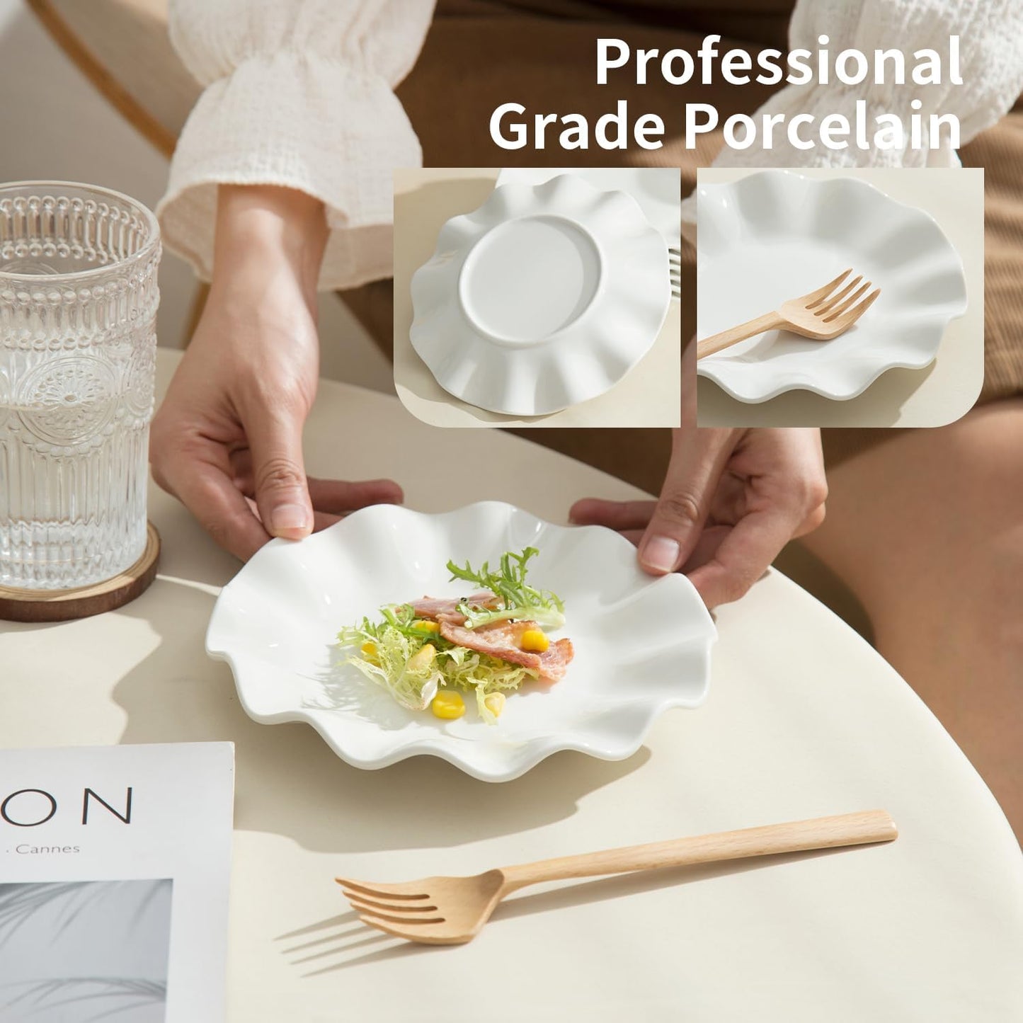 7 Inch White Dessert Plates Set of 12, Ceramic Appetizer Plate Wave Dinnerware Set, Small Dinner Plates for Snacks, Side Dishes, Fruit, Salad, Microwave Oven and Dishwasher Safe