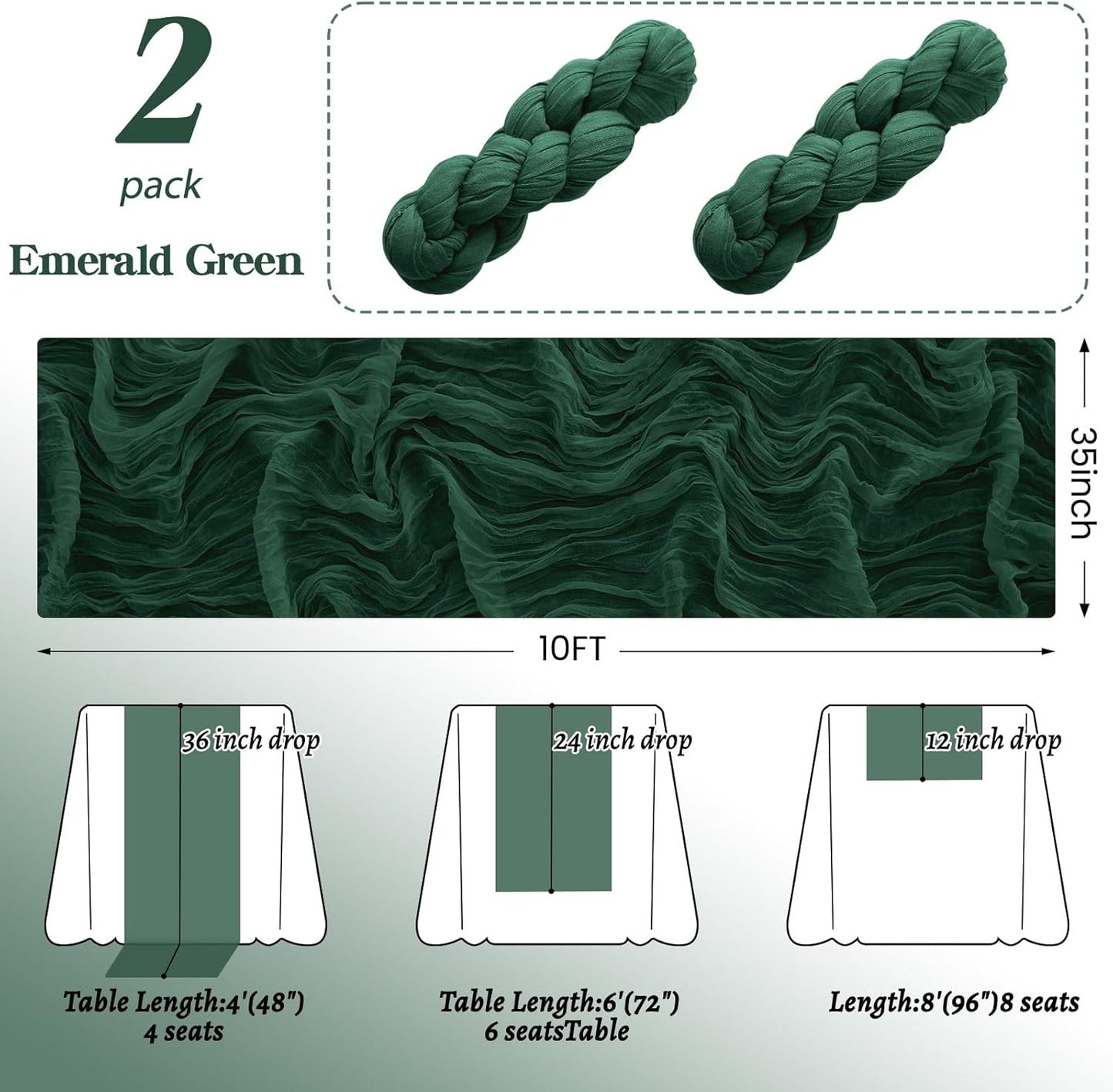 2Pack Emerald Green Table Runner 10FT Cheesecloth Table Runner 35x120Inch Long Boho Cheese Cloth Table Runners Rustic Gauze Table Runners for Party Wedding Bridal Shower Baby Shower Decorations