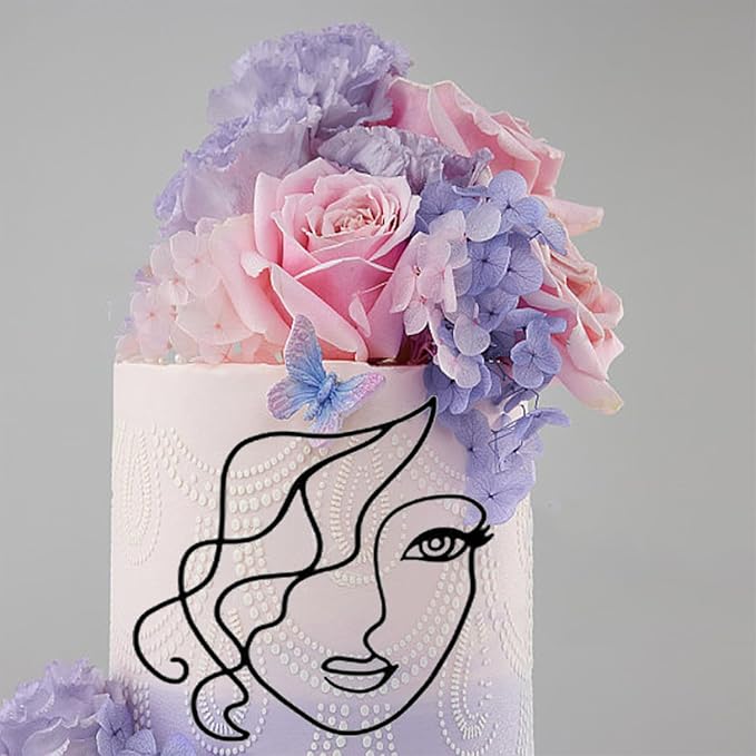 Lady Face Cake Topper, Personalized Acrylic Minimalist Art Lady Girls Cake Topper Vintage Artificial Rose Flower Wedding Cake Toppers for Birthday Party Wedding Bridal Shower
