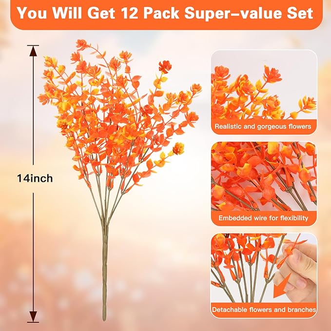 12 Bundles Faux Mums for Fall Decor, UV Resistant Fall Flowers Artificial for Decoration Fake Mums for Thanksgiving Halloween Autumn Indoor Outdoor Garden Porch Window Wedding(Fall Red)