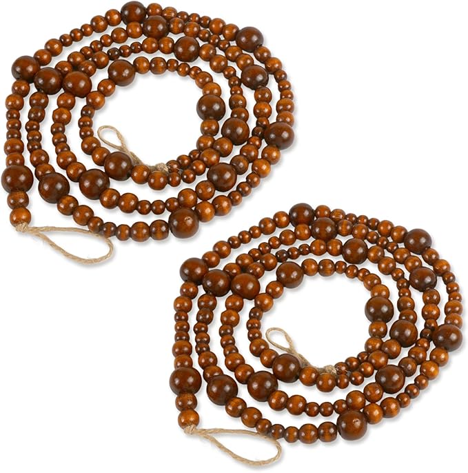 2PCS Christmas Wood Beads Garland 14.4 Feet Wooden Bead Garland Boho Ornaments for Christmas Tree, Xmas Vintage Rustic Farmhouse Round Craft Bead Hanging Holiday Decorations(Coffee)