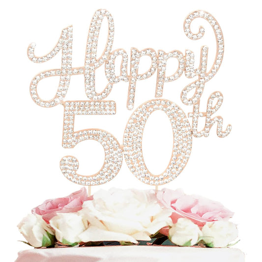LASKYER Happy 50th Birthday Decorations,50th Birthday Gold Rhinestone Cake Topper - Cheers to Fifty Years Old Bday Party Metal Sparkly Cake Centerpieces Sign.