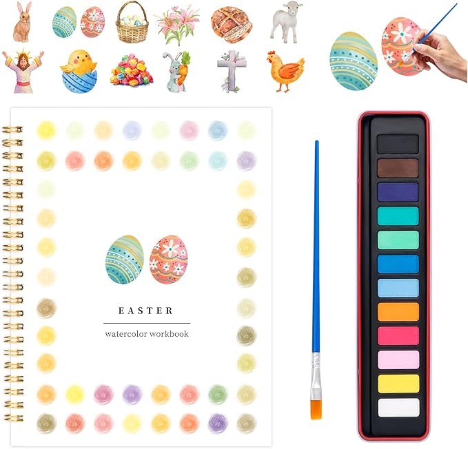 Kivzex Easter Watercolor Workbook for Adults, Beginner Friendly Watercolor Painting Kit Bunny Eggs Water Coloring Book, Nature-Themed Practice Art Gift Water Color Paint Book with Palette and Brush