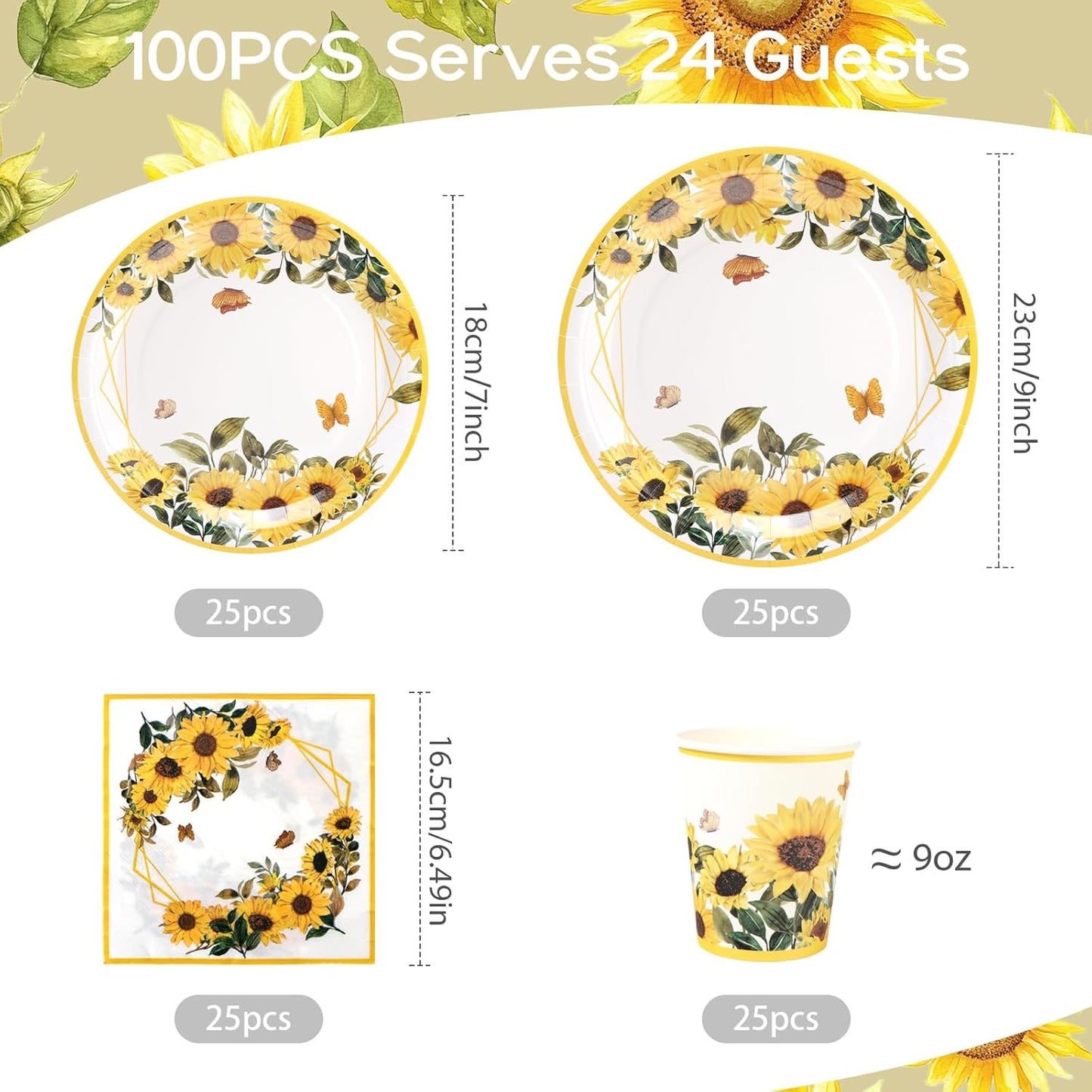 Sunflower Paper Plates and Napkins Cups Thanksgiving Disposable Tableware Set Floral Fall Party Plates for 100pcs 25 Guest Baby Shower Tea Kids Birthday Party Supplies Decoration