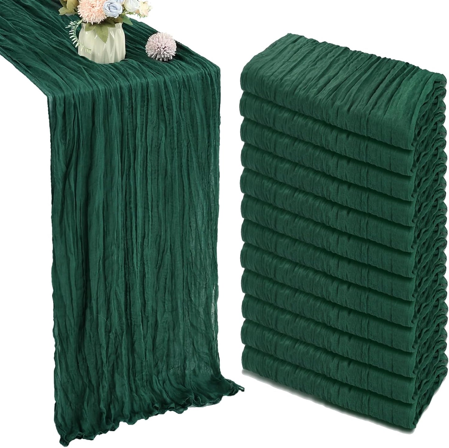 12 Pack 10FT Christmas Table Runner Emerald Green Cheesecloth 35x120 Inch Gauze Rustic Boho Table Runner Cheese Cloth for Wedding Decor Birthday Party Bridal Baby Shower Table Centerpiece Decoration