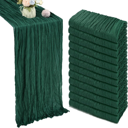 12 Pack 10FT Christmas Table Runner Emerald Green Cheesecloth 35x120 Inch Gauze Rustic Boho Table Runner Cheese Cloth for Wedding Decor Birthday Party Bridal Baby Shower Table Centerpiece Decoration