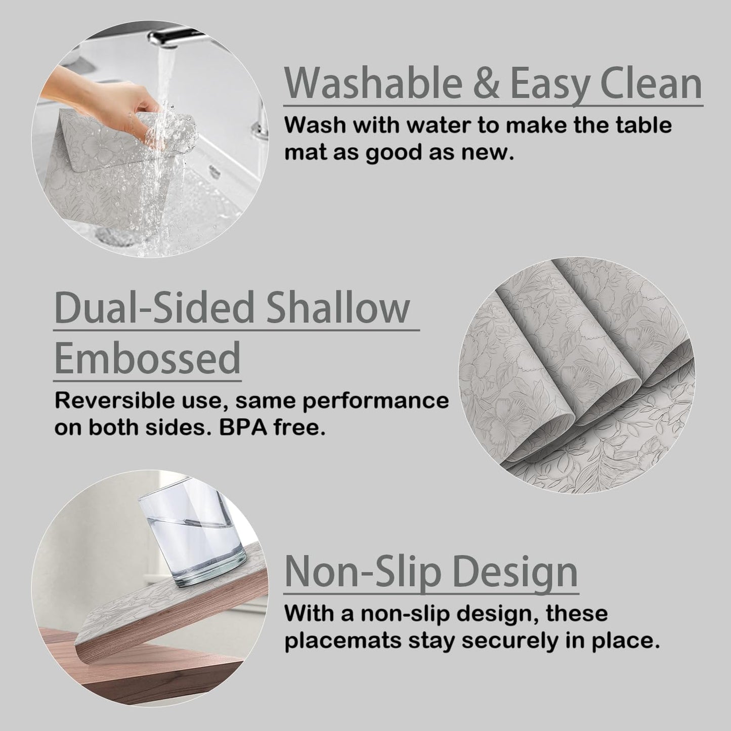 SolaraDawn Faux Leather Placemats Set of 4 Light Gray, 17" × 12" Waterproof & Heat-Resistant Dining Place Mats, Easy Wash Clean, Wipeable & Anti-Slip Table Mats with Shallow Embossed Texture