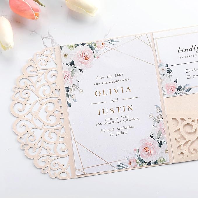 AdasBridal 50PCS Laser Cut Invitations Pink Wedding Invitation with Envelopes and Rsvp Cards Blank Inserts Personalized Your Party Invites for Quinceañera Wedding Birthday Girls Baby Shower