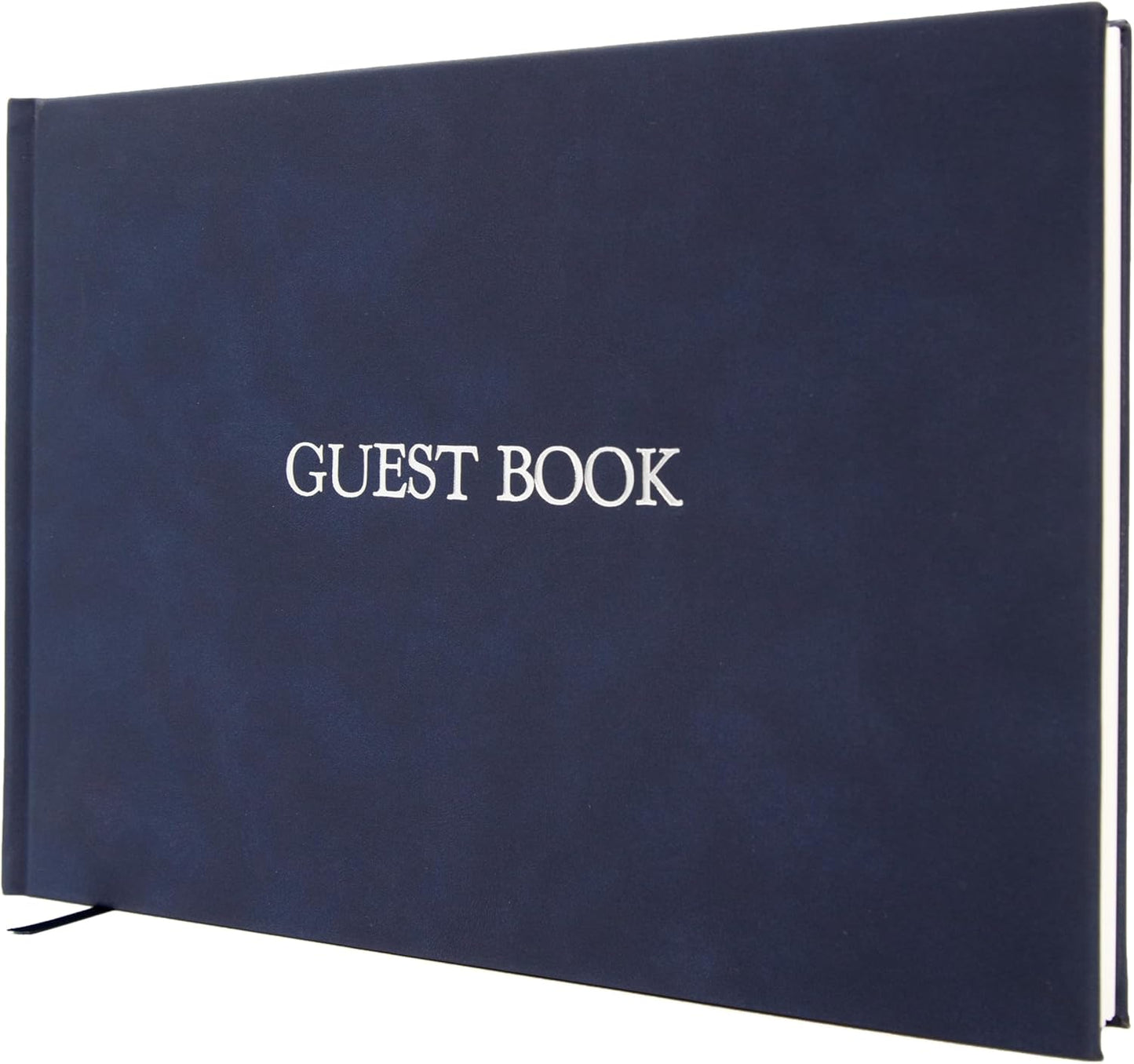 Embossed Guestbook - 11.5 x 8.5 Large Luxury Modern Cream Canvas Linen Embossed Hard Cover Guest Book for Wedding, Birthday & Events, Blank Pages (Navy)