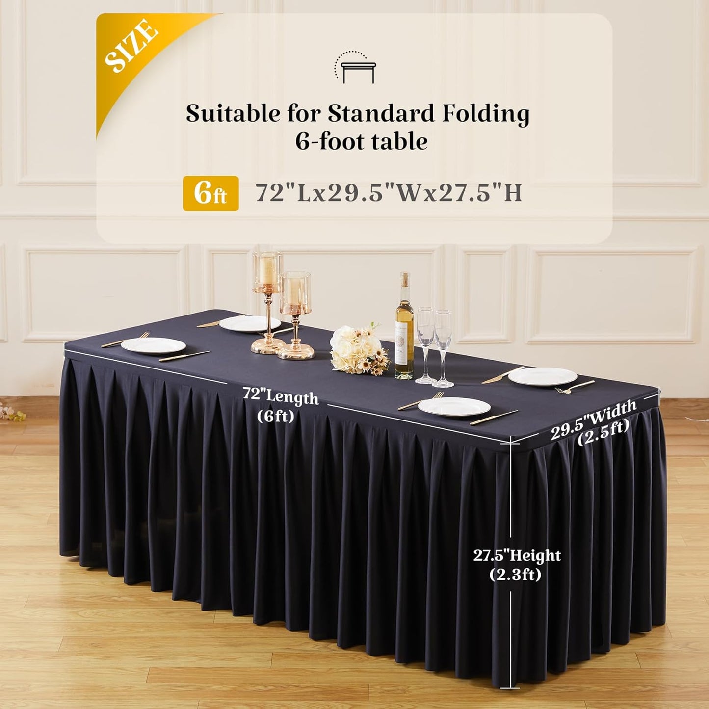 HB HBB MAGIC 1 Pack Black Tablecloths for 6 Foot Rectangle Tables, Elegant Pleated Table Skirt – Wrinkle Free Stretch Fitted Table Cover for Weddings, Banquets, Birthday Parties & Events