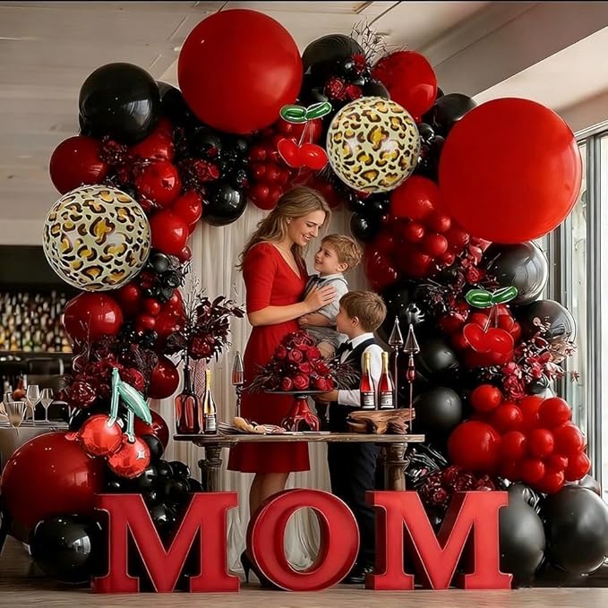 Red Black Balloon Arch Kit Double Stuffed Burgundy Black Maroon Balloon Garland Cherry Cheetah Print Balloons for Birthday Bridal Baby Shower Mother's Day Bachelorette Graduation Party Decorations