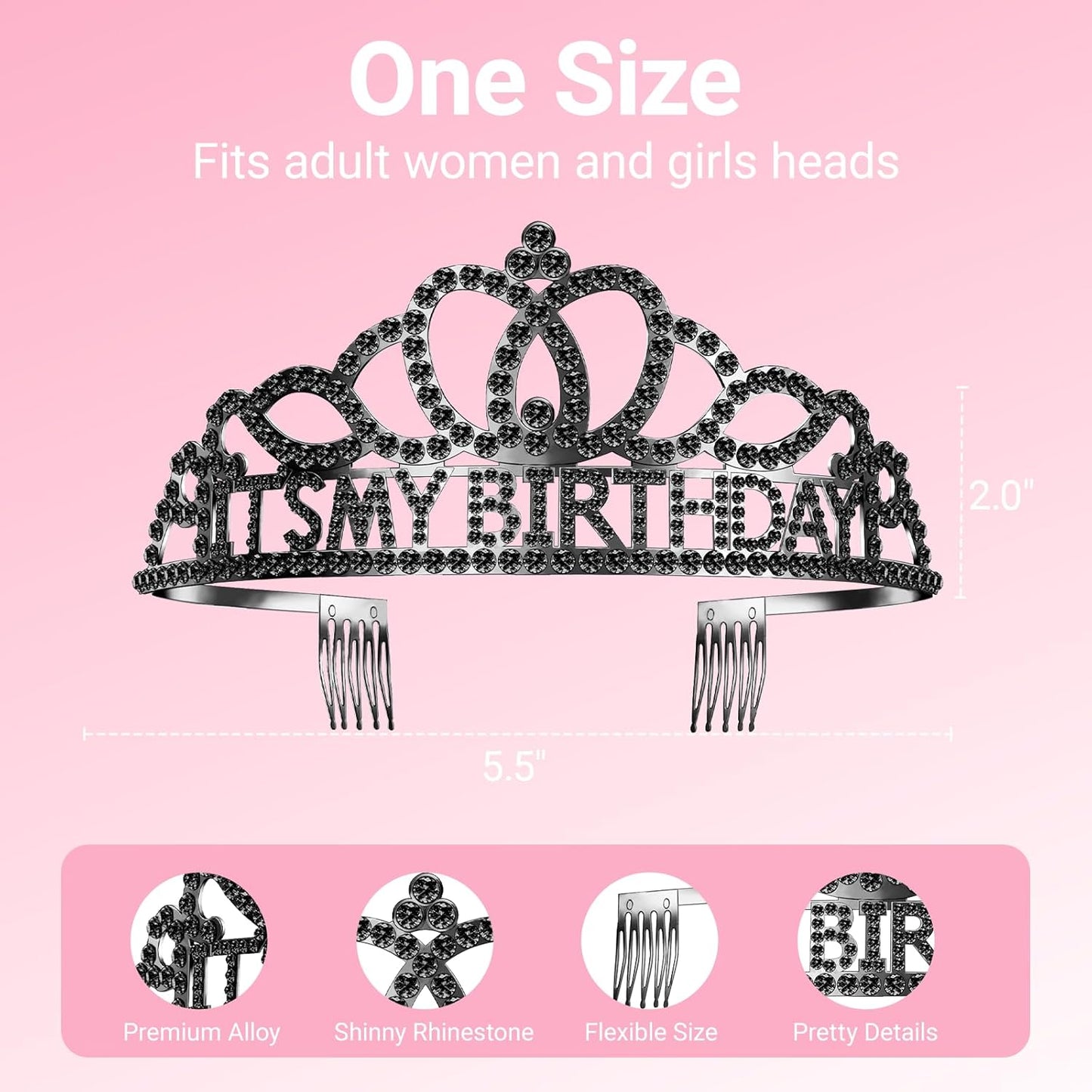 Birthday Tiara and Crown with Sash, Birthday Tiara for Women Party Black