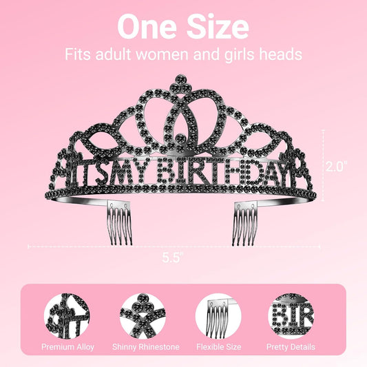 Birthday Tiara and Crown with Sash, Birthday Tiara for Women Party Black