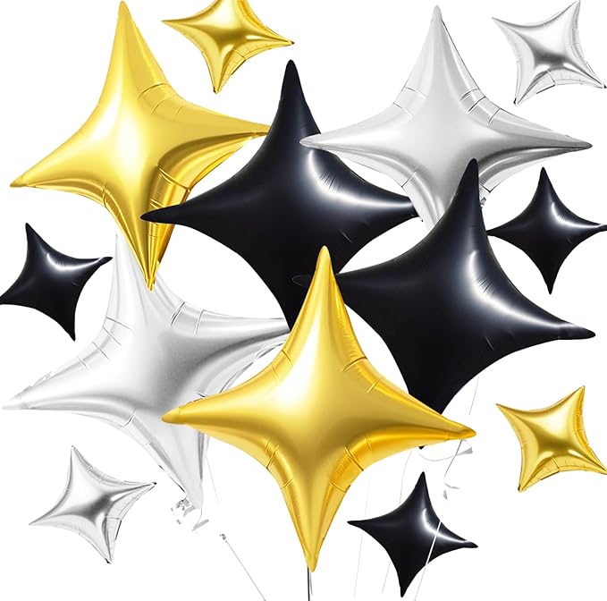 TONIFUL 30Pcs 26In&10In Star Balloons Gold Silver Black Four Pointed Foil Mini Star Mylar Balloons for Birthday Wedding Baby Shower Anniversary Engagement Party Decor Supplies
