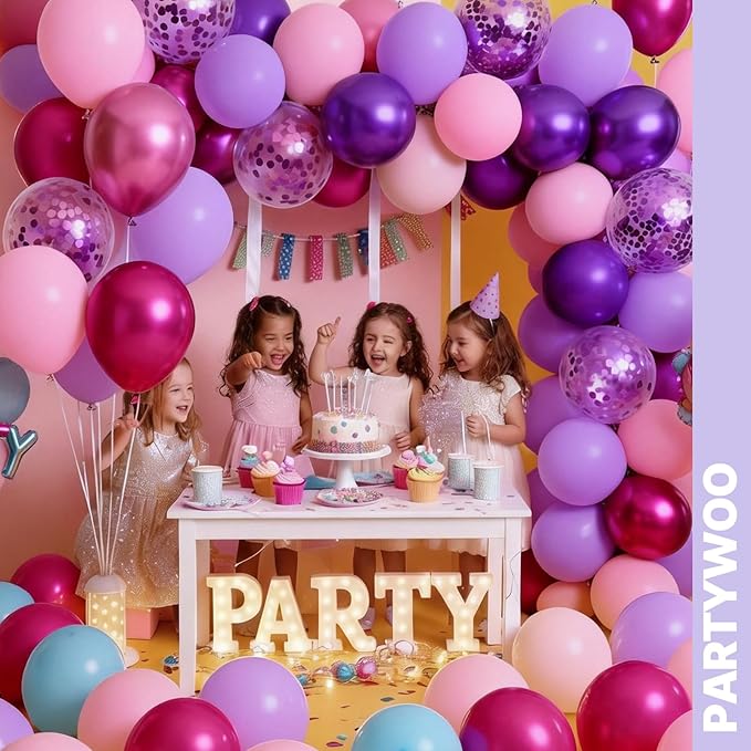 PartyWoo Pink and Purple Balloons 65pcs 12 Inch Baby Pastel Light Metallic Pink Light Purple Lavender Lilac Confetti Balloons for Baby Shower Princess Butterfly Birthday Party Decorations