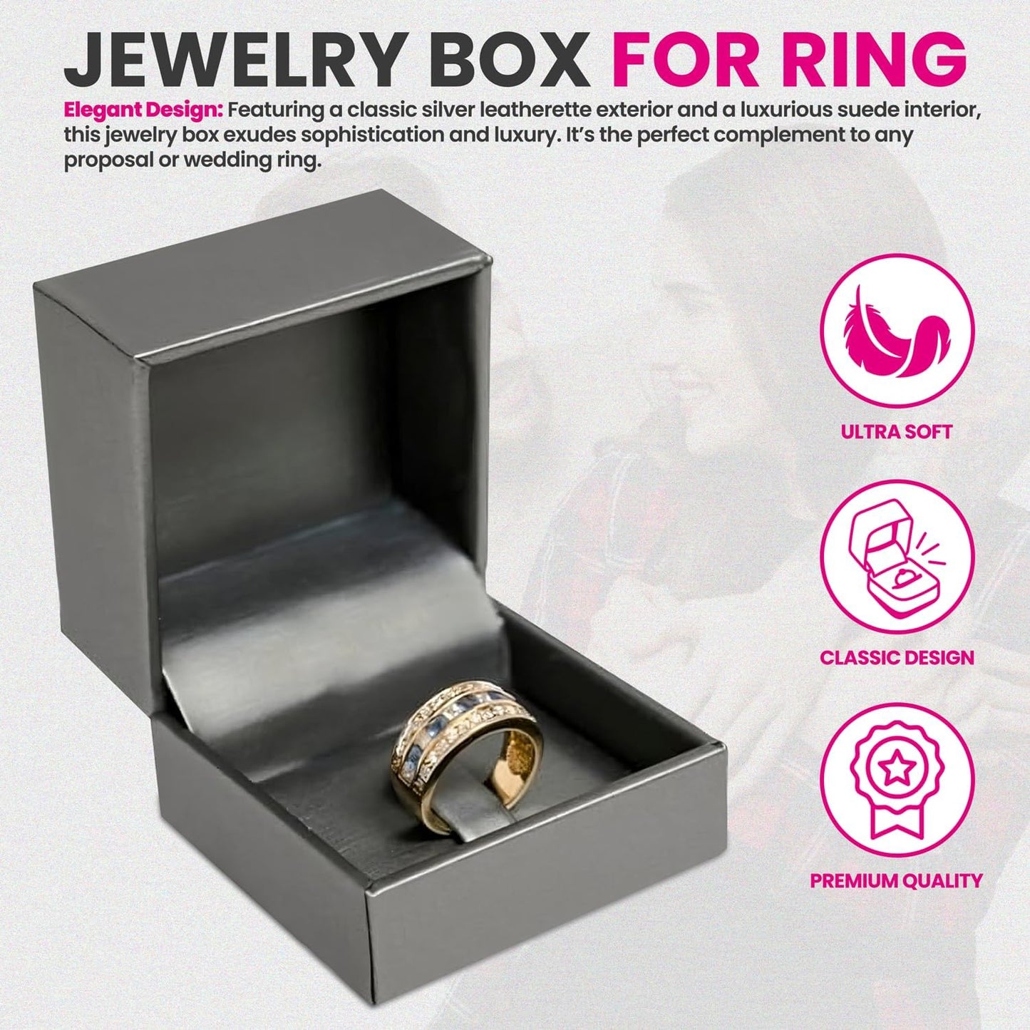Novel Box Silver Jewelry Box for Rings 2.37x2.37x1.87 Inches - Tab Ring Gift Box for Proposal Wedding Engagement - Faux Leatherette Jewelry Display Box - Gift Presentation Boxes for Rings