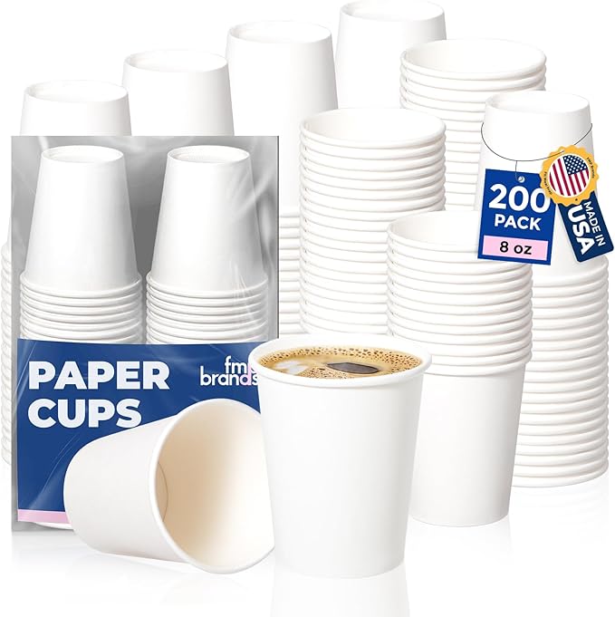 Fit Meal Prep 200 Pack 8 oz Disposable Paper Coffee Cups, Premium White Hot Cups for Hot/Cold Beverage, Durable Thickened Paper Cup Bulk for Party, Office, Bussines, Home, Bistros, Daily Use