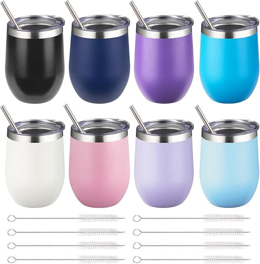 12 oz Insulated Wine Tumbler with Lid and Straw,Stainless Steel Stemless Wine Tumbler Double Wall Vacuum Wine Cups Tumbler Bulk for Coffee,Champaign,Cocktail,Office (Multicolor,8)