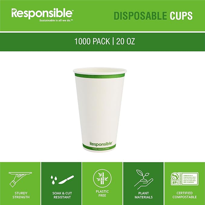 Responsible Products 20 oz Paper Hot Cups, Tree-Less™ Compostable Paper Coffee Cups, Extra Strength, Tree-Free and Made Without PFAS, White (1000 Count)