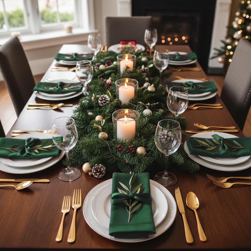 D'Moksha Homes Forest Green Linen Napkins Set of 4 - Classic Hemstitch 100% Pure Linen Hemstitch Dinner Napkins 20 x 20 Inch for Thanksgiving, Christmas, Holiday - Handcrafted and Machine Washable