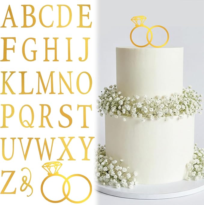 Wedding Cake Toppers Diamond Ring Personalized Cake Topper with 26 Letter Bride and Groom Initial Sign Custom Cakes Topper Wedding Toppers for Cakes - Gold Acrylic