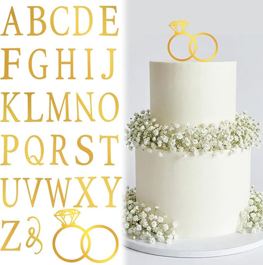 Wedding Cake Toppers Diamond Ring Personalized Cake Topper with 26 Letter Bride and Groom Initial Sign Custom Cakes Topper Wedding Toppers for Cakes - Gold Acrylic