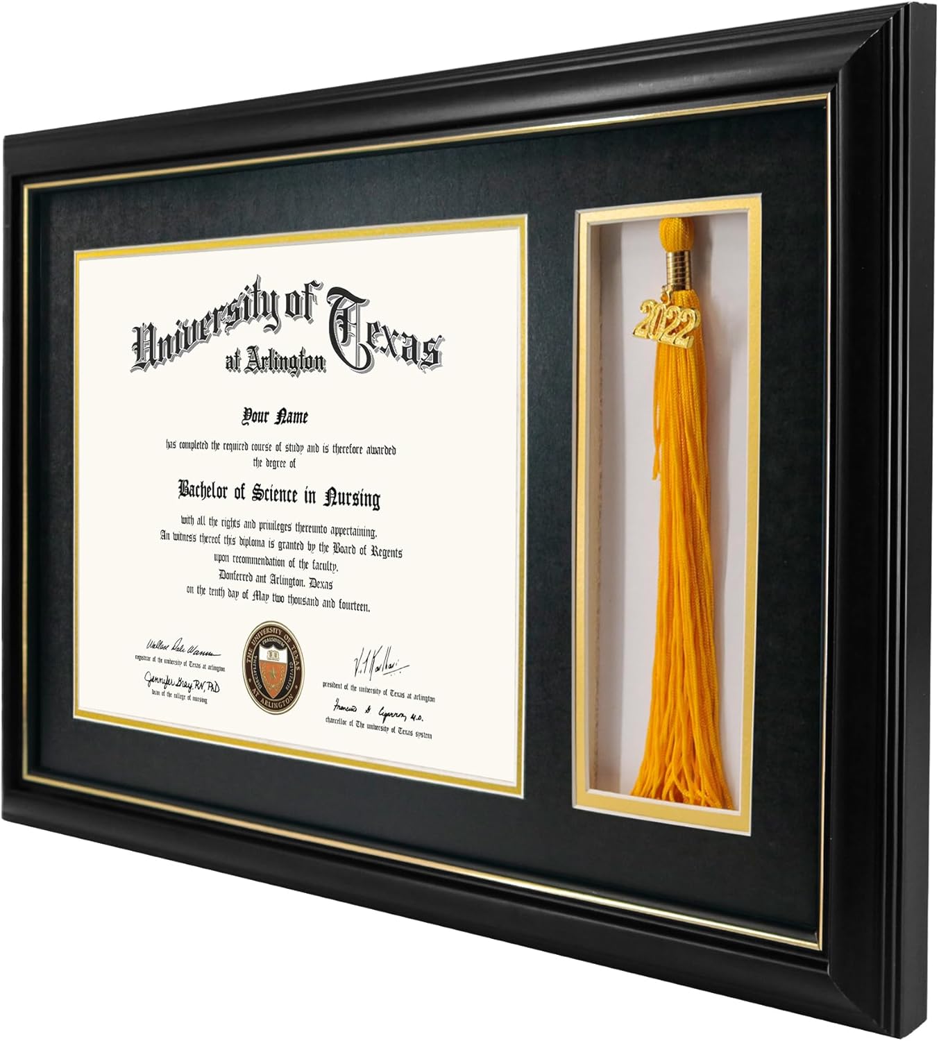 GraduationMall 11x17 Black Wood Diploma Frame with Tassel Holder for 8.5x11 Certificate Document,Real Glass,Black over Gold Mat
