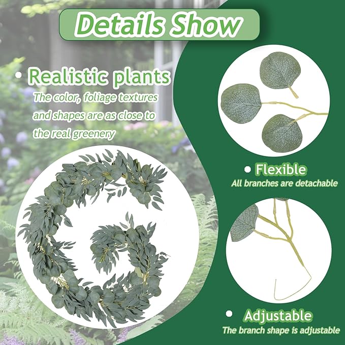 Grever 2 Pack Artificial Eucalyptus Garland with Willow Leaves Handmade Faux Greenery Garland 6.56 Feet for Wedding Backdorp Arch Wall Table Runner Decor Birthday Bridal Baby Shower Indoor Outdoor