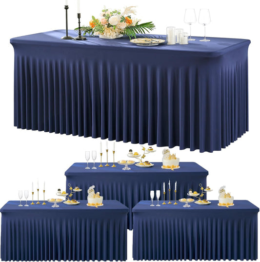3 Packs Navy Blue Spandex Tablecloths for 6 Foot Rectangle Tables, Stretchy Fitted 6FT Blue Table Skirt for Wedding Party, Wrinkle Free Tablecloths for Banquet Wedding Birthday Party