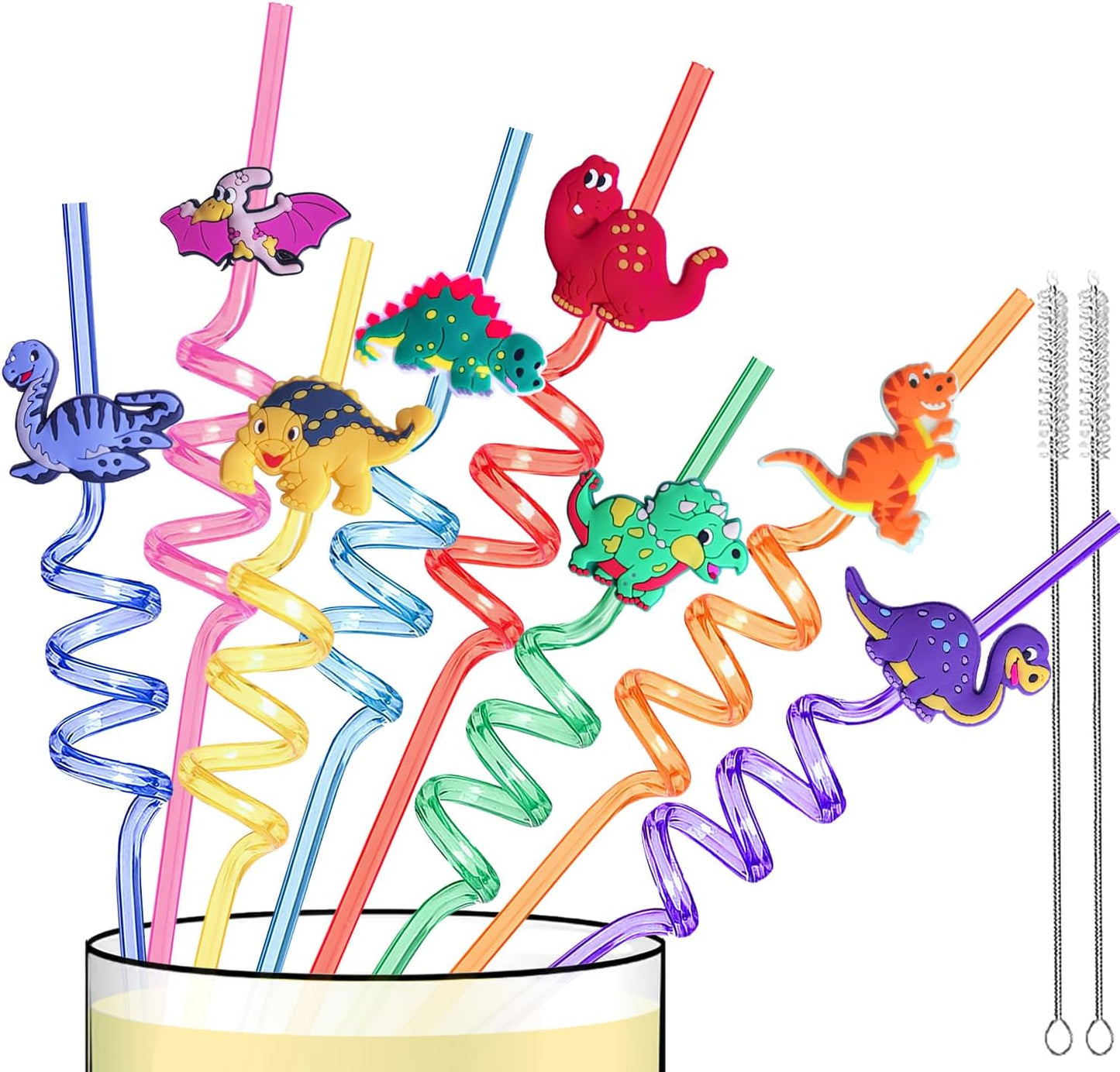 24 PCS Reusable Dinosaur Straws Party Favors, Plastic Swirly Drinking Straws for Kids Safari Jungle Dino Theme Birthday Party Decorations Supplies with Clean Brushes