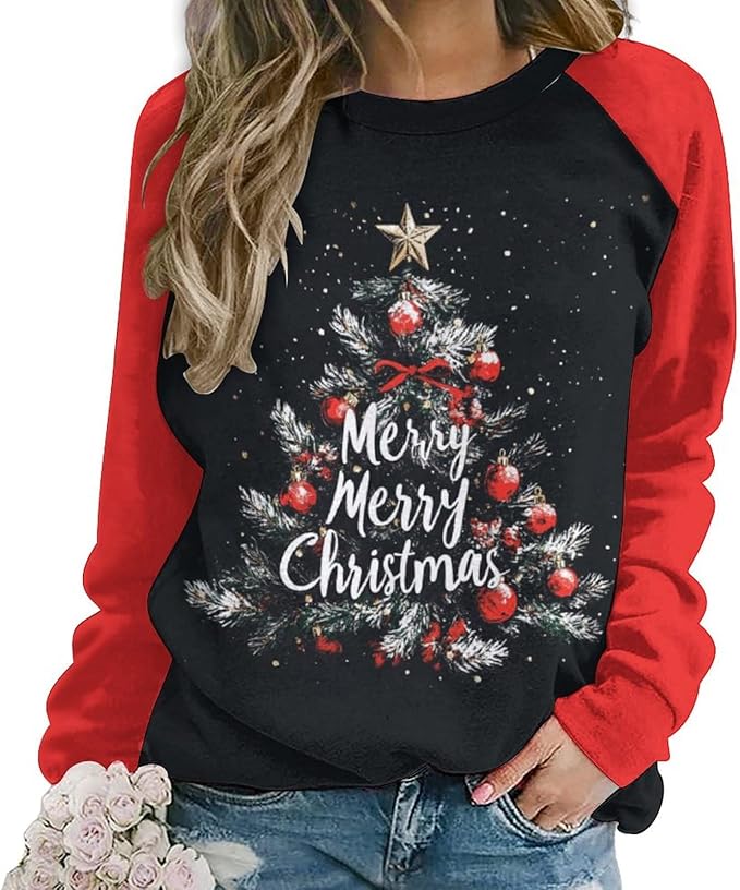 LOAIHA Christmas Sweatshirts for Women Christmas Tree Graphic Shirt Xmas Long Sleeve Merry Christmas Pullover Blouse