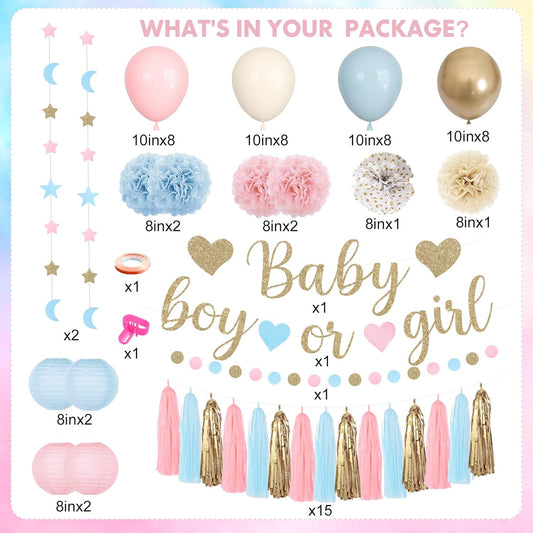 Ouddy Party Baby Gender Reveal Decorations, Pink Blue Sand White Balloons Glitter Boy or Girl Banner Moon Star Circle Garland Paper Tassels Lanterns for Boho Gender Reveal Birthday Party Supplies