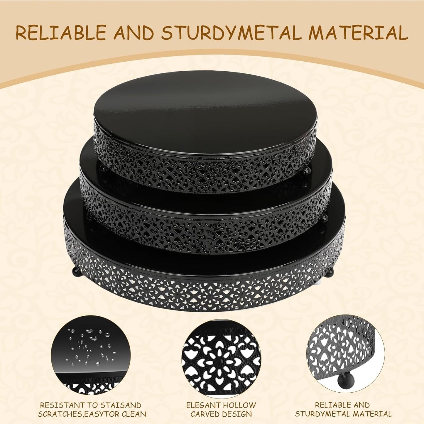 3 Piece Cake Stands Set 16'' 14'' 12'' Round Metal Cake Stands Cupcake Stand Riser Pastry Candy Display Plate for Dessert Table Wedding Event Birthday Anniversary Party (Black)