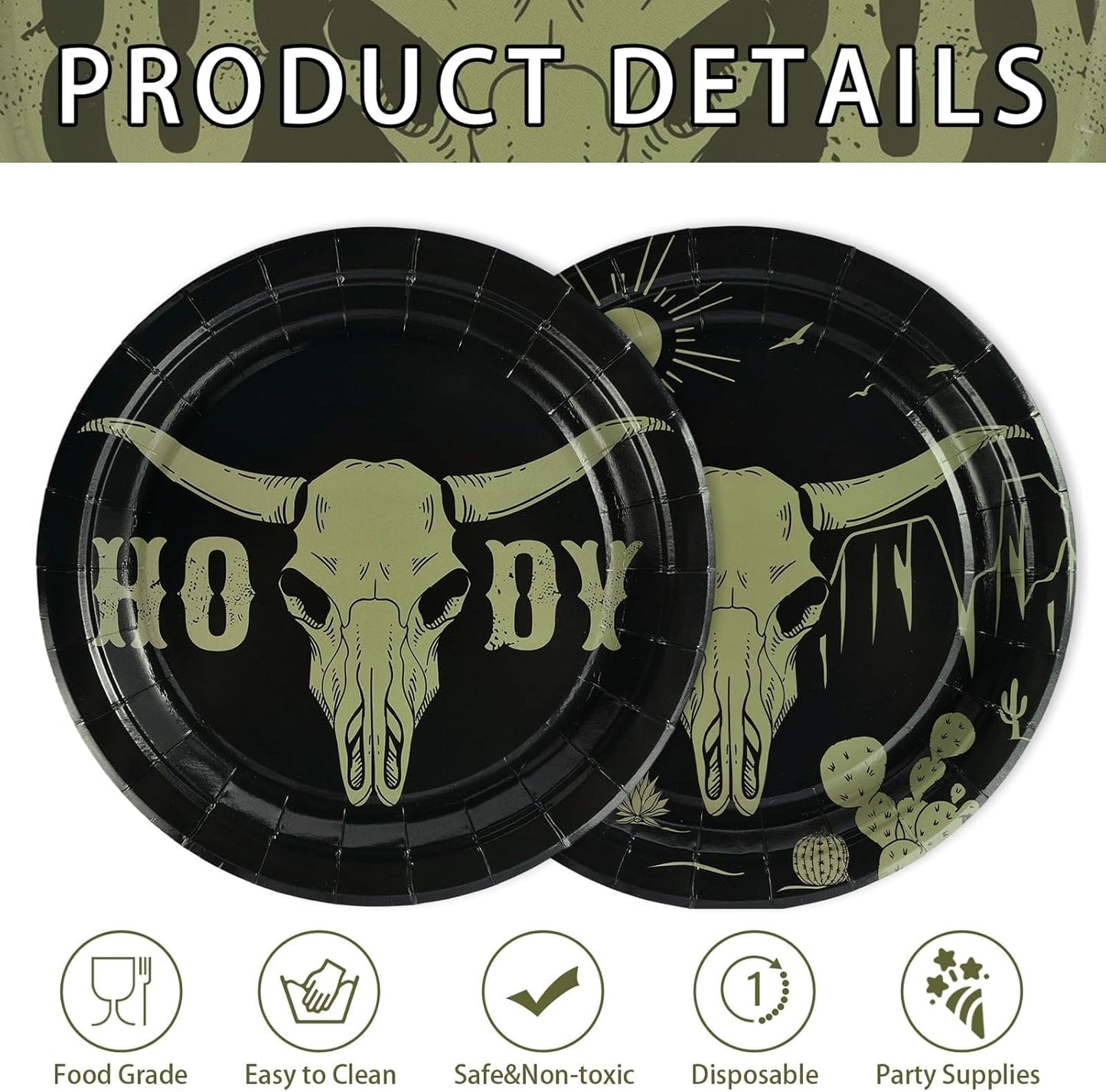 Grencian 50Pcs Cow Skull Decorations 9in Heavy Duty Disposable Western HOWDY Cow Skull Desert Paper Plates For Southwestern Party Supplies