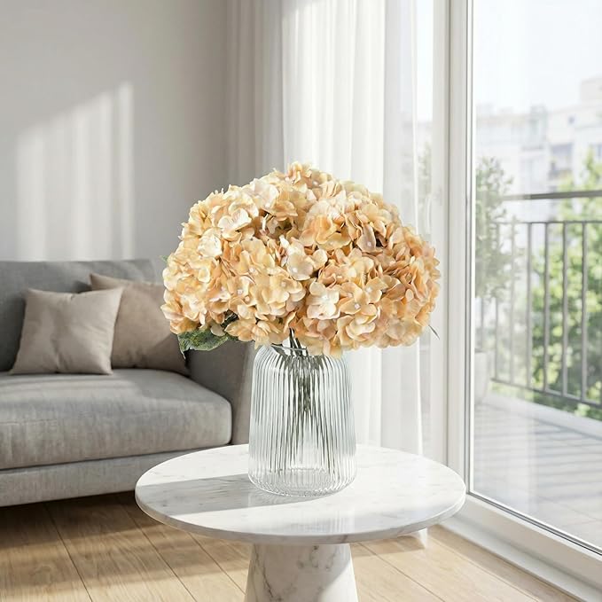 2Bouquets Artificial Fake Flowers Plants Silk Hydrangea Arrangements Wedding Bouquets Decorations Plastic Floral Home Kitchen Garden Party Festival Bar DIY (Cream,5 Flower Heads)