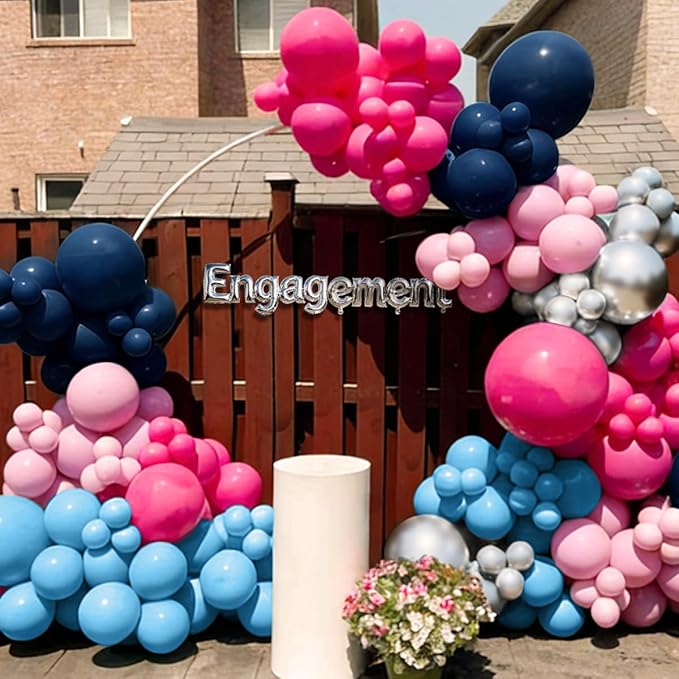 Blue Pink Balloon Garland Arch Kit, 167Pcs Pastel Hot Pink Navy Light Blue Silver Balloons for Gender Reveal Baby Shower Graduation Birthday Pool Hawaii Tropical Party