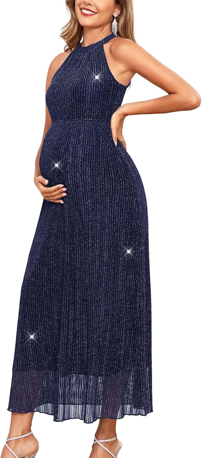Maternity Sparkly Mesh Dress Halter Neck Sleeveless A Line Pregnancy Dresses Semi Formal Baby Shower Photoshoot