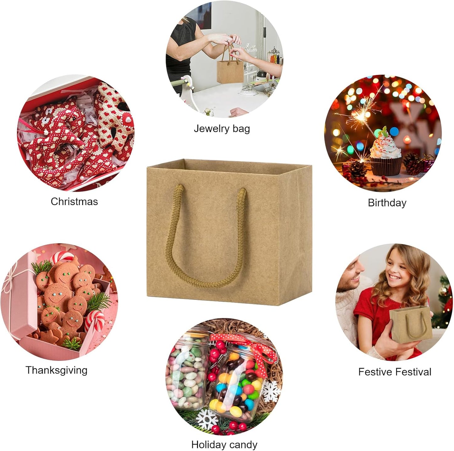 driew Small Brown Gift Bags 50 Pcs, 4.5" x 2.8" x 4" Min Thick Kraft Paper Bags Bulk with Brown Handles Set for Wedding Party Birthday Gathering Baby Shower