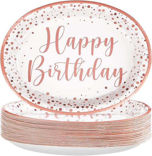 Grencian 50Pcs Pink Rose Gold Birthday Plates 10" x 12.5" Oval Paper Plates Disposable 400GSM Oval Paper Tableware Pink Dots Dinnerware for Girls Women Rose Gold Birthday Party Decorations