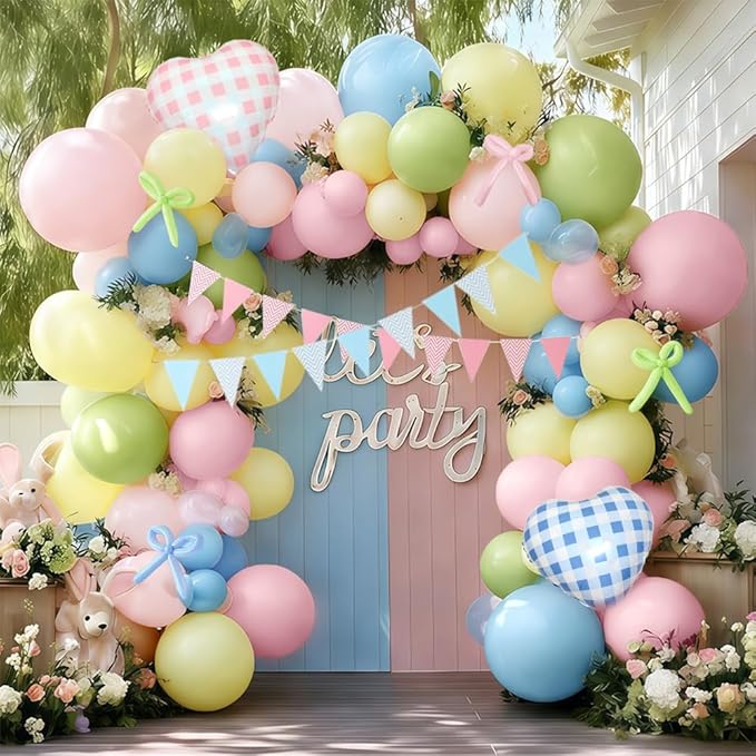 Pastel Balloon Arch Kit Double Stuffed Light Pink Blue Yellow Green Balloon Garland Gingham Heart Foil Balloons Striped Pennant Banner for Easter Baby Shower Birthday Gender Reveal Party Decorations