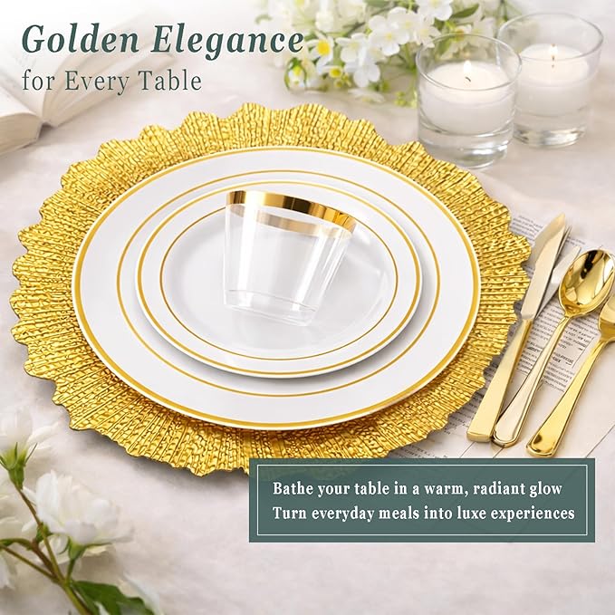 Gold Charger Plates Set of 15/50, Reef Plate Chargers for Dinner Plate, Round Plastic Table Chargers for Thanksgiving, Christmas (50)