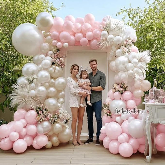 Pink White Balloon Arch Kit with Clear Bobo Balloons, Double Stuffed Baby Pastel Pale Pink Pearl White Cream Balloon Garland for Baby Shower Birthday Bridal Wedding Mother's Day Party Decoration