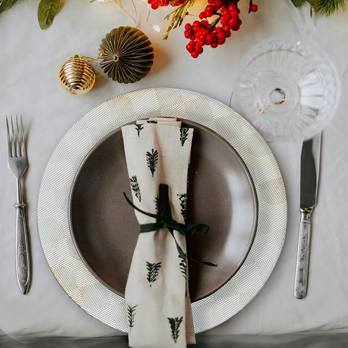 13" Antique Charger Plates, Geometry Pattern White Charger Plate Set of 6, Round Server Ware Chargers for Dinner Plate, Reusable Bulk Table Setting for Party or Event
