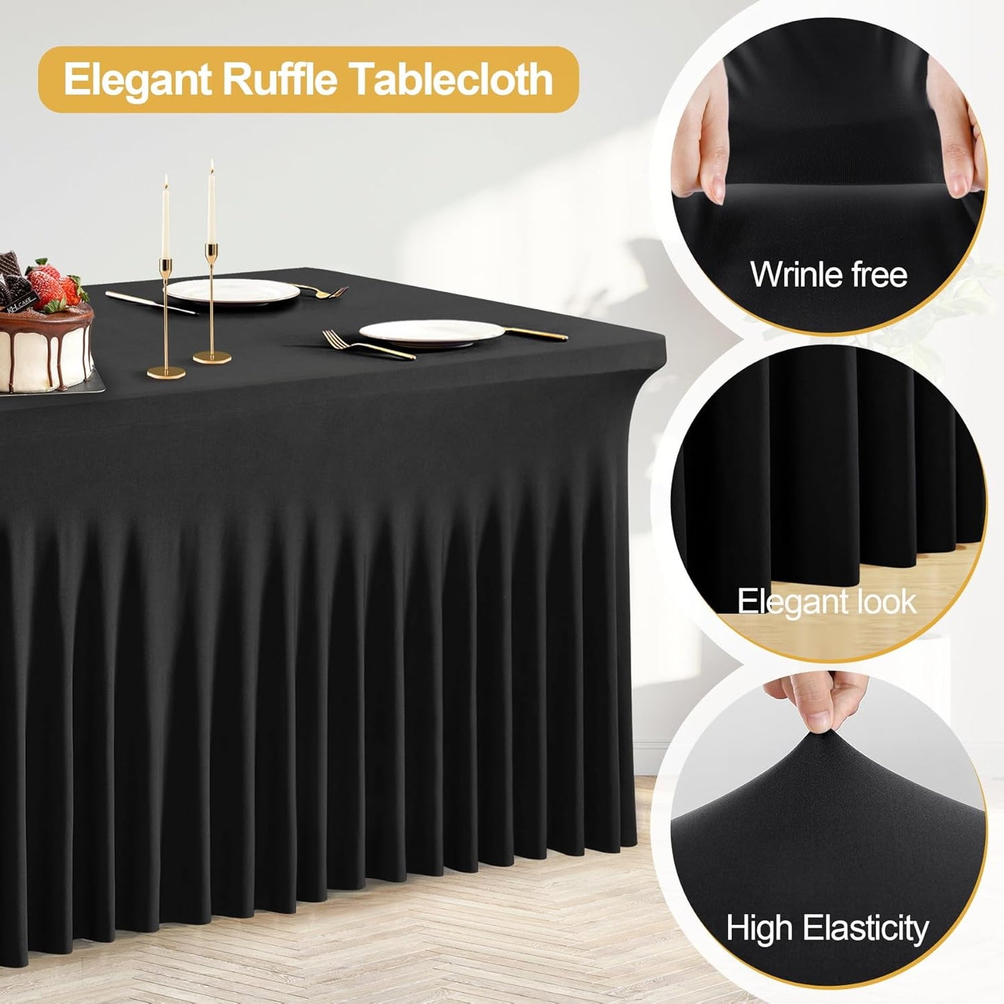 PARTISKY Black Spandex Tablecloth for 4ft Rectangle Tables, Stretchable Table Cover Skirt for Folding Tables Weddings Parties Banquets Events Trade Shows and Dessert Table
