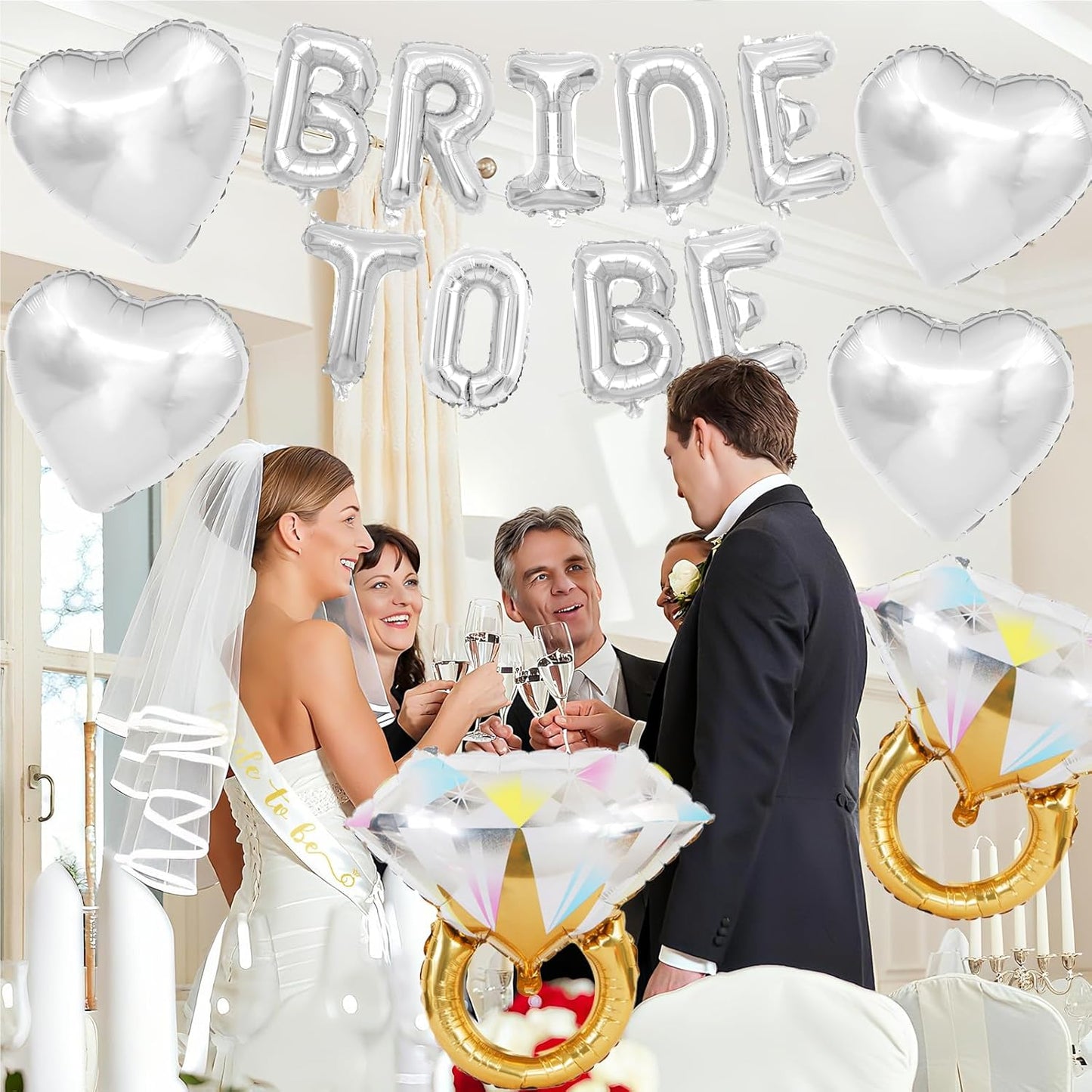 Silver Bachelorette Party Decorations, Silver Bride to Be Banner Heart Balloons with Diamond Ring Foil Balloon, Gold Bride to Be Sash&Veil for Bachelorette Engagement Gift Bridal Shower Party Supplies
